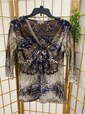 ONE WORLD V-Neck Printed Tunic in Blue and Brown